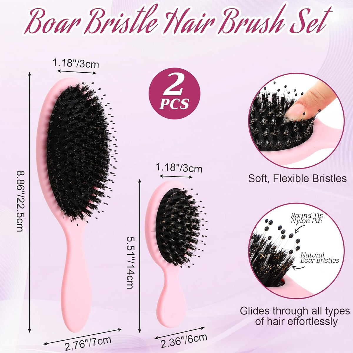 2 Pcs Pink Boar Bristle Hair Brush Set Full-size Travel Size
