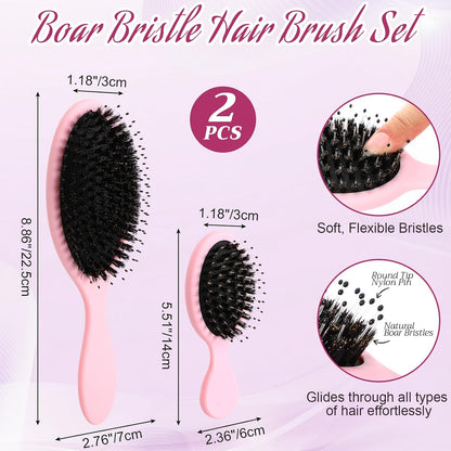 2 Pcs Pink Boar Bristle Hair Brush Set Full-size Travel Size