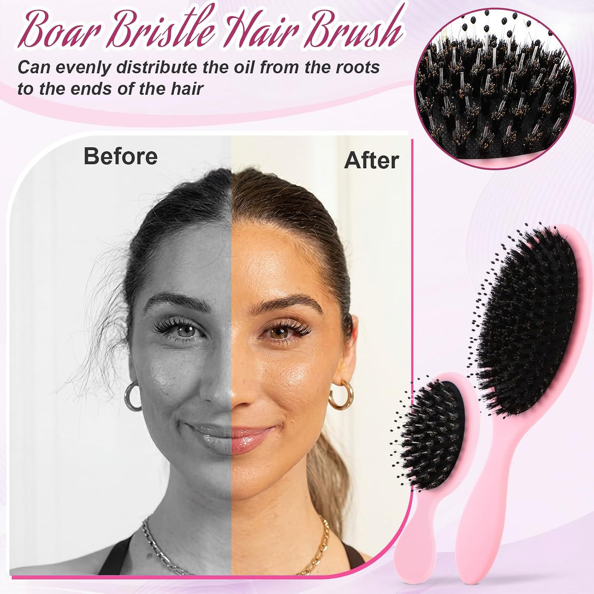 2 Pcs Pink Boar Bristle Hair Brush Set Full-size Travel Size