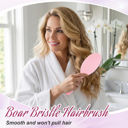 2 Pcs Pink Boar Bristle Hair Brush Set Full-size Travel Size