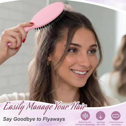 2 Pcs Pink Boar Bristle Hair Brush Set Full-size Travel Size