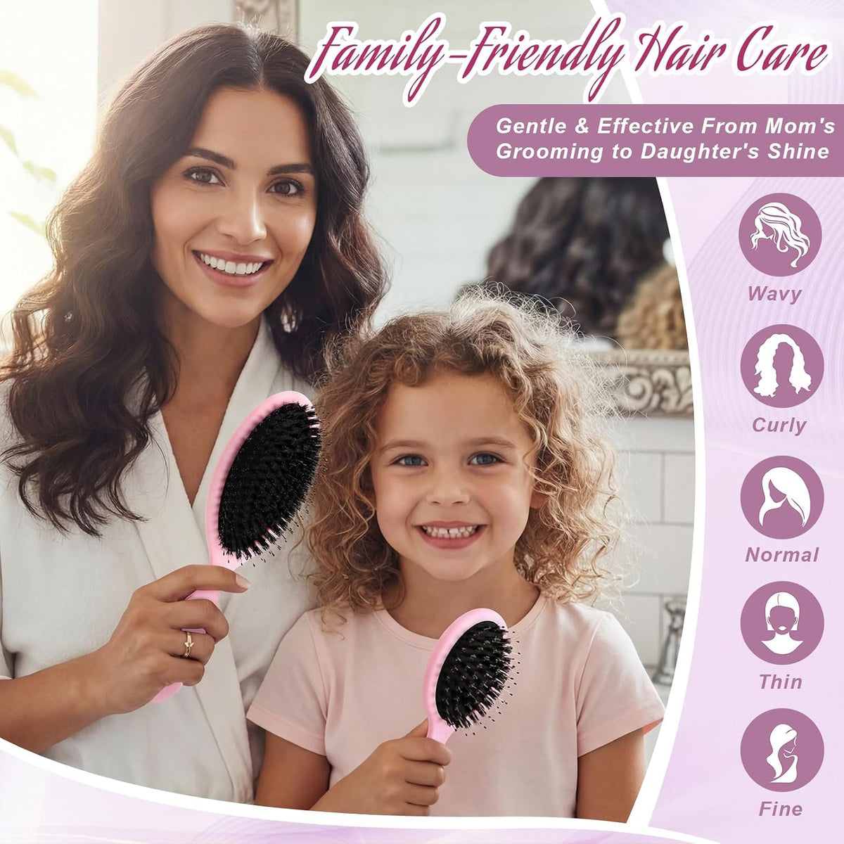 2 Pcs Pink Boar Bristle Hair Brush Set Full-size Travel Size