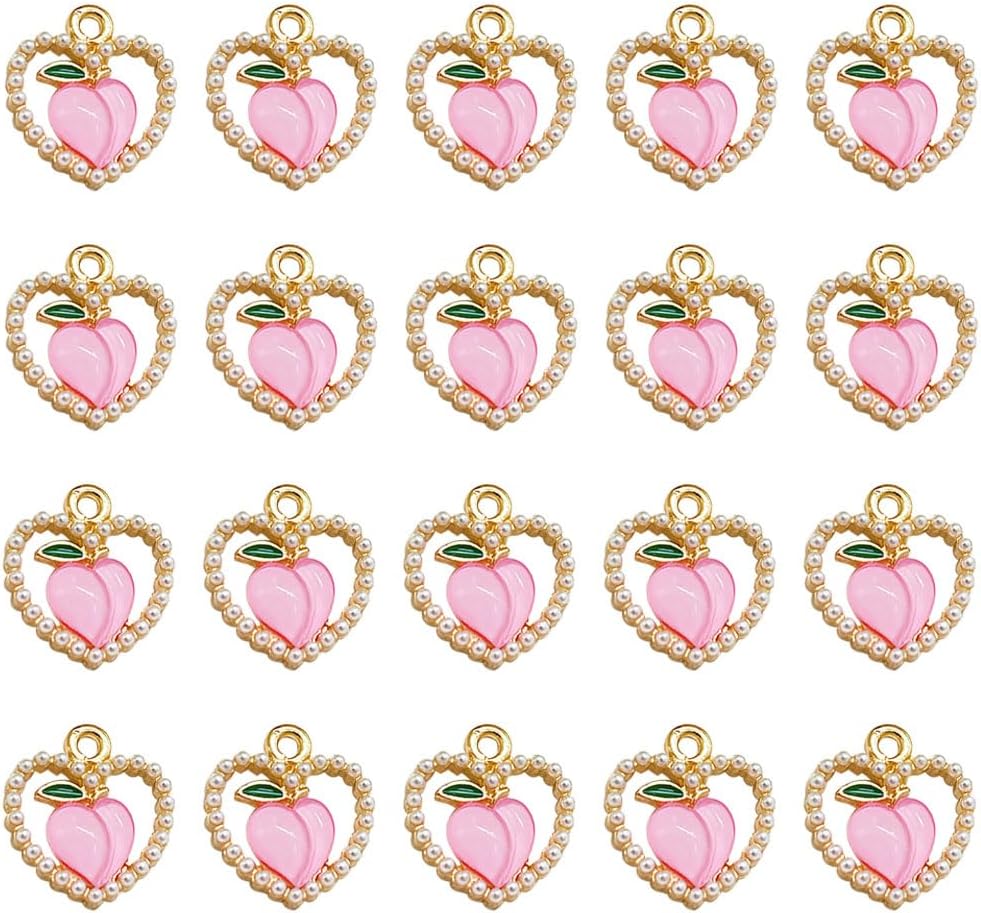 Cute Pearl Love Peach Fruit Charm Alloy Enamel Charm 20 Pcs Sweet Style Decoration Charms Accessories Making Earring Necklace Bracelet Keychains Pendant