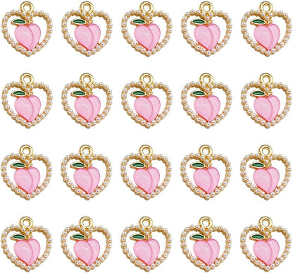 Cute Pearl Love Peach Fruit Charm Alloy Enamel Charm 20 Pcs Sweet Style Decoration Charms Accessories Making Earring Necklace Bracelet Keychains Pendant