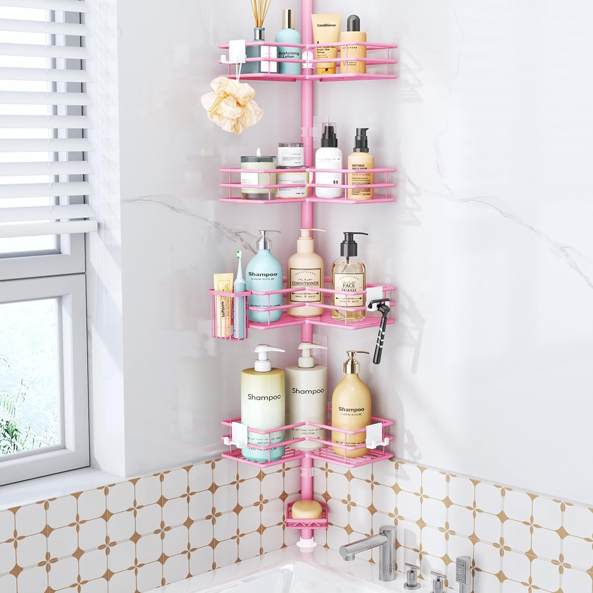 Corner Shower Caddy Organizer - Shower Organizer Corner with Soap Holder, Toothbrush Holder and 4 Hooks, Rustproof Bathroom Shelf Tension Pole Available for 27.6 to 108.3 Inch - Pink