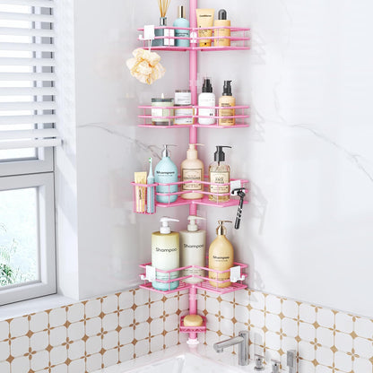 Corner Shower Caddy Organizer - Shower Organizer Corner with Soap Holder, Toothbrush Holder and 4 Hooks, Rustproof Bathroom Shelf Tension Pole Available for 27.6 to 108.3 Inch - Pink
