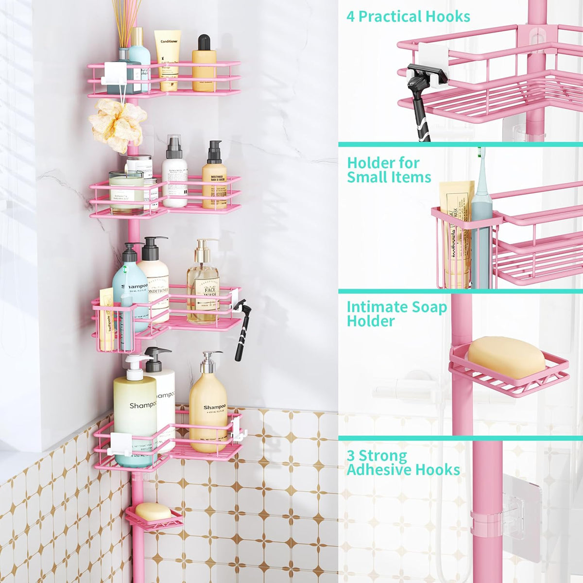 Corner Shower Caddy Organizer - Shower Organizer Corner with Soap Holder, Toothbrush Holder and 4 Hooks, Rustproof Bathroom Shelf Tension Pole Available for 27.6 to 108.3 Inch - Pink