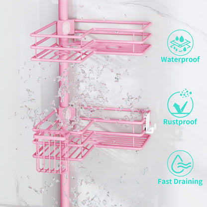 Corner Shower Caddy Organizer - Shower Organizer Corner with Soap Holder, Toothbrush Holder and 4 Hooks, Rustproof Bathroom Shelf Tension Pole Available for 27.6 to 108.3 Inch - Pink