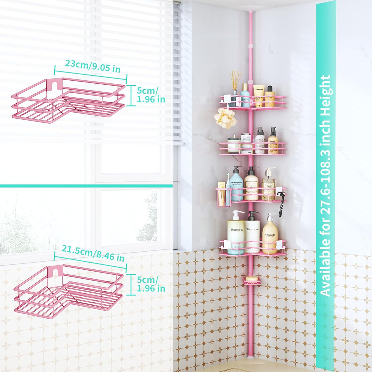 Corner Shower Caddy Organizer - Shower Organizer Corner with Soap Holder, Toothbrush Holder and 4 Hooks, Rustproof Bathroom Shelf Tension Pole Available for 27.6 to 108.3 Inch - Pink