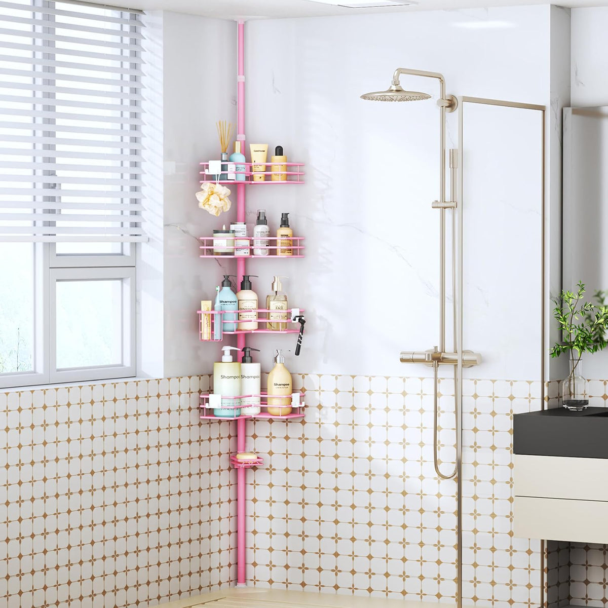 Corner Shower Caddy Organizer - Shower Organizer Corner with Soap Holder, Toothbrush Holder and 4 Hooks, Rustproof Bathroom Shelf Tension Pole Available for 27.6 to 108.3 Inch - Pink