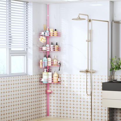 Corner Shower Caddy Organizer - Shower Organizer Corner with Soap Holder, Toothbrush Holder and 4 Hooks, Rustproof Bathroom Shelf Tension Pole Available for 27.6 to 108.3 Inch - Pink