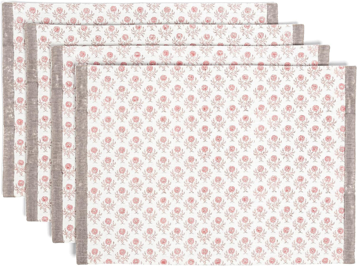 Set of 4 Hand-Blocked Placemats - Colorful Dining Table Mat - Each Placemat is Unique - 100% Cotton - Machine Washable - Kitchen and Home Decor - Pink Blossom