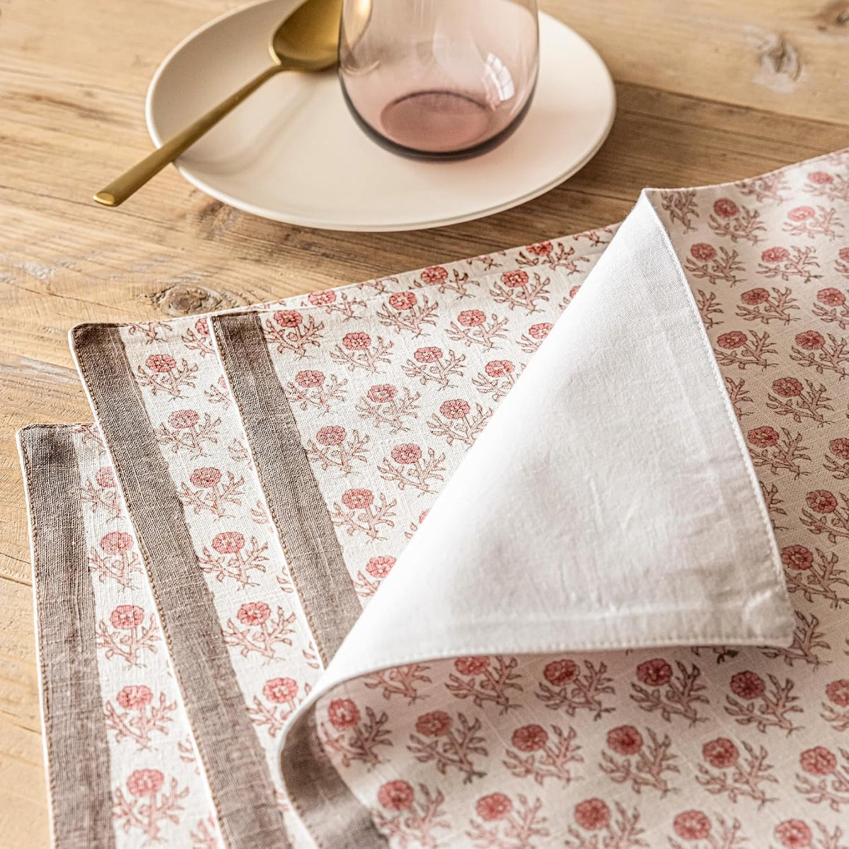 Set of 4 Hand-Blocked Placemats - Colorful Dining Table Mat - Each Placemat is Unique - 100% Cotton - Machine Washable - Kitchen and Home Decor - Pink Blossom