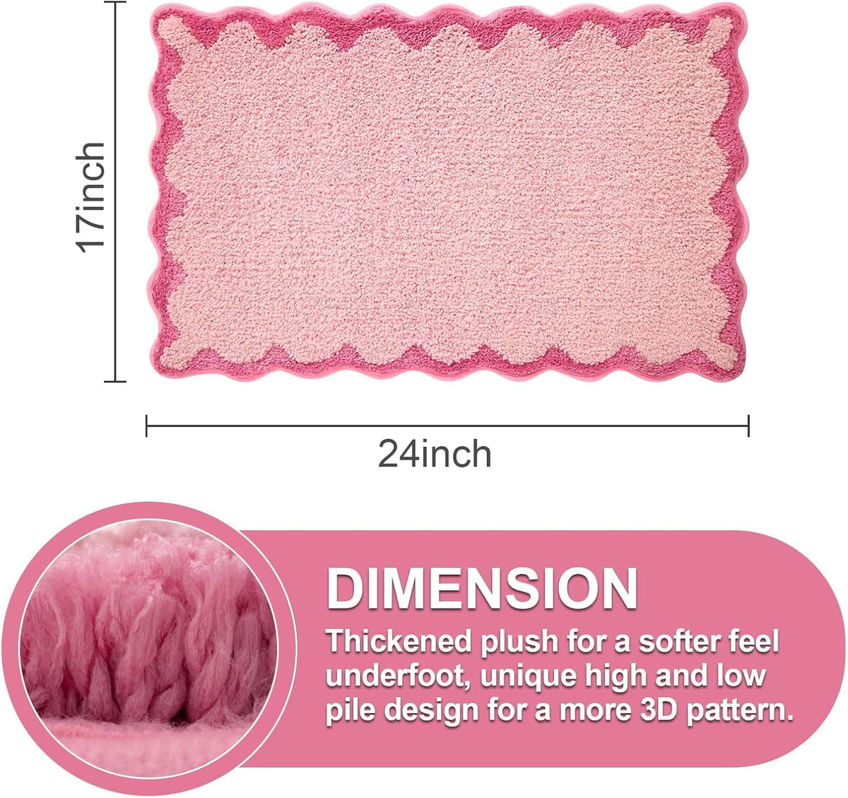 Small Pink Scalloped Bath Mat, Cute Plush Microfiber Scallop Bathroom Rugs Non Slip Washable Quick Dry Absorbent, Bathmat Carpet for Shower Stall Vanities Kitchen Floor Entrance, 17x24