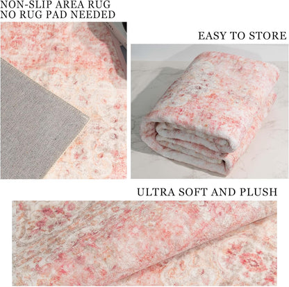 Pink Rug 3x5,Washable Area Rugs for Bedroom Living Room