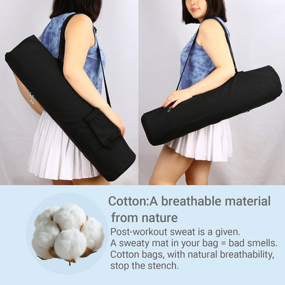 Cotton yoga mat bag with Pockets and Adjustable Strap - Full Zip Cargo Yoga Mat Carrier Bag - Bag for 1/4" 1/3" Thick Yoga Mat