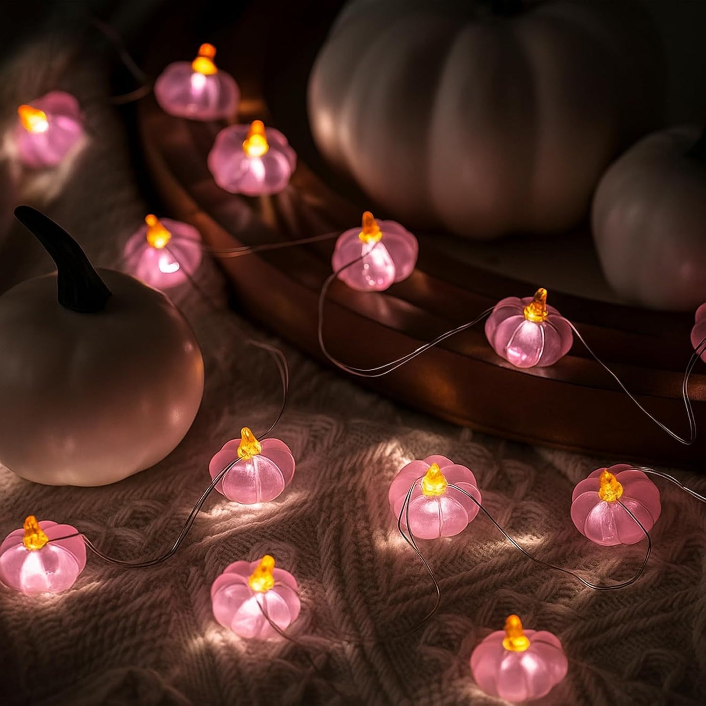 2 Pcs Pink String Pumpkin Lights Pink Fall Thanksgiving Decor