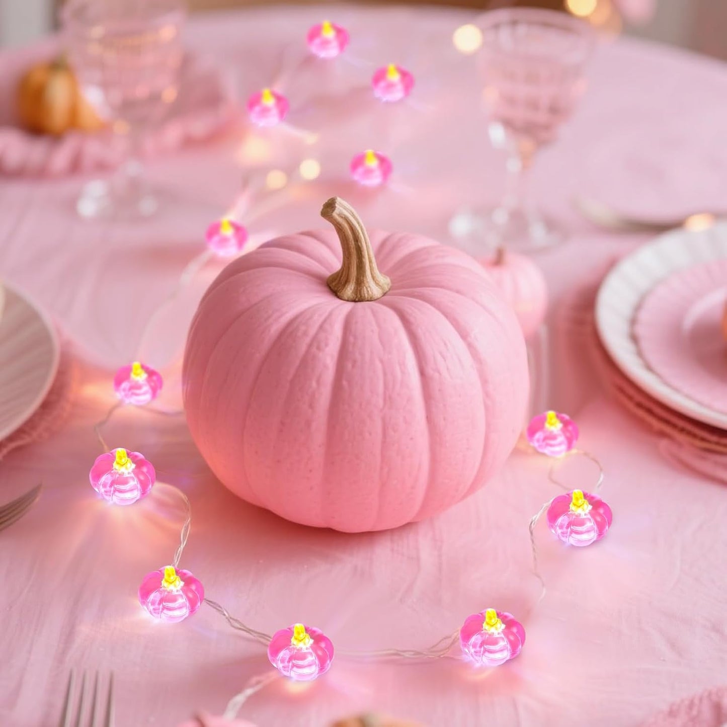 2 Pcs Pink String Pumpkin Lights Pink Fall Thanksgiving Decor