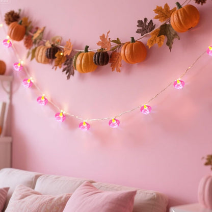 2 Pcs Pink String Pumpkin Lights Pink Fall Thanksgiving Decor