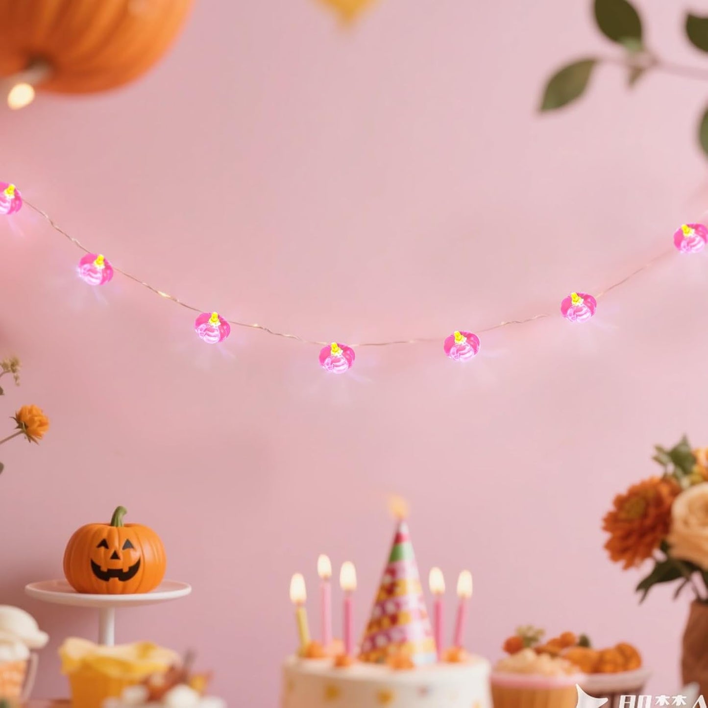 2 Pcs Pink String Pumpkin Lights Pink Fall Thanksgiving Decor