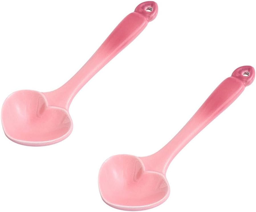 2pcs Ceramic Dessert Spoon 5.5inch Heart-shaped Stir Spoon Pink Soup Tablespoon for Ice-cream Desserts Yogurt Appetizers Soup Coffee