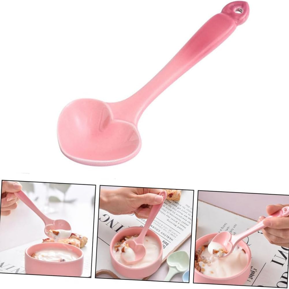 2pcs Ceramic Dessert Spoon 5.5inch Heart-shaped Stir Spoon Pink Soup Tablespoon for Ice-cream Desserts Yogurt Appetizers Soup Coffee
