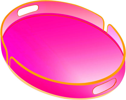 Acrylic Serving Tray with Handles Large Decorative Ottoman Tray 17x13'' Round for Bathroom Food Coffee Fruit Snack Tea Dinner Living Room, Neon Pink