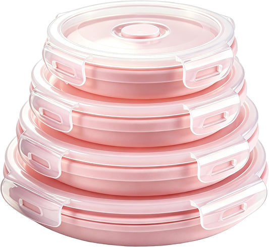 Silicone Collapsible Food Storage Containers-Prep/Storage Bowls with Lids – Set of 4 Round Silicone Lunch Containers – Microwave and Freezer Food Containers(pink)