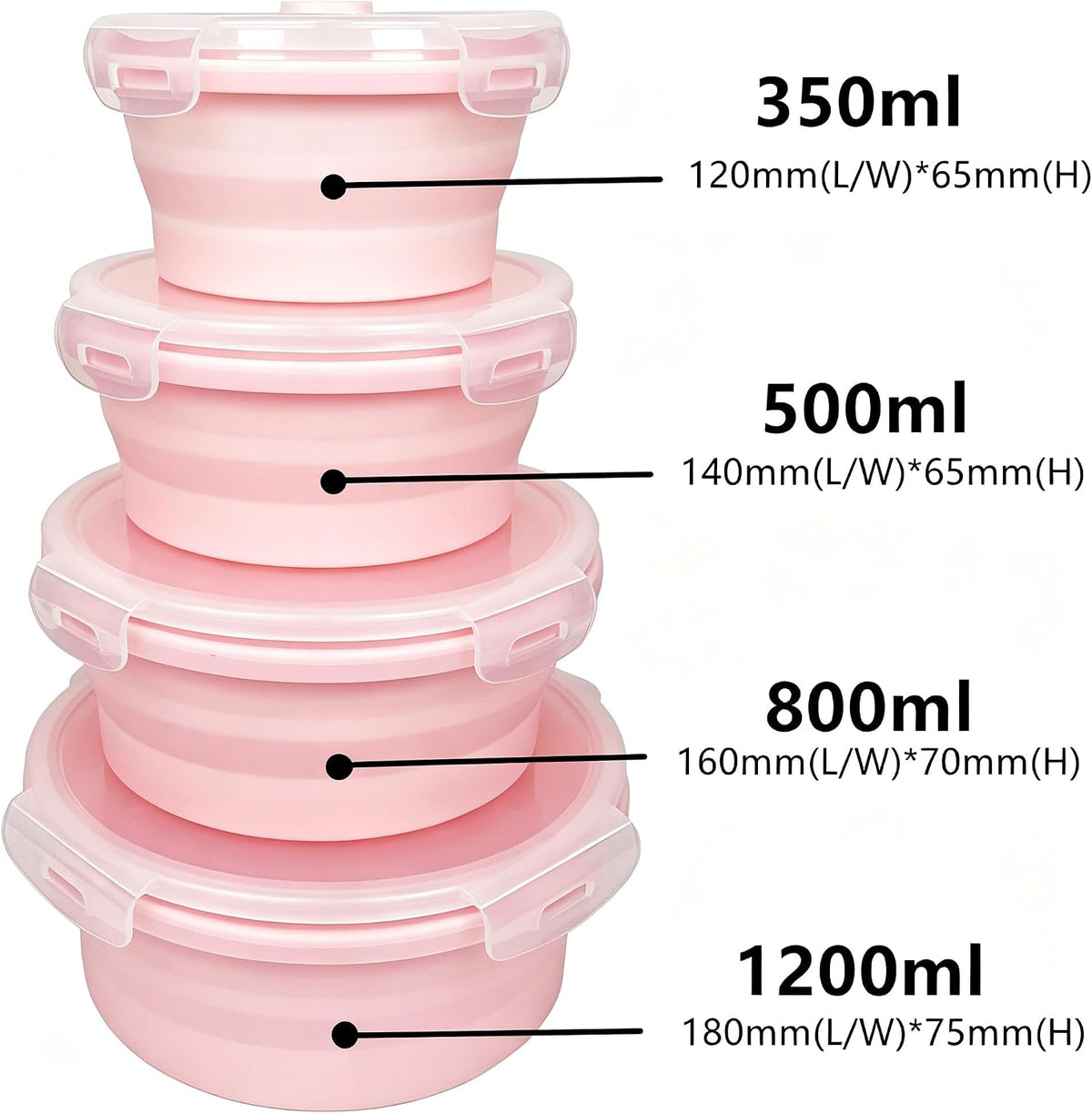 Silicone Collapsible Food Storage Containers-Prep/Storage Bowls with Lids – Set of 4 Round Silicone Lunch Containers – Microwave and Freezer Food Containers(pink)