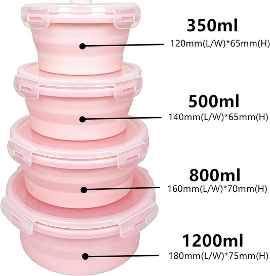 Silicone Collapsible Food Storage Containers-Prep/Storage Bowls with Lids – Set of 4 Round Silicone Lunch Containers – Microwave and Freezer Food Containers(pink)