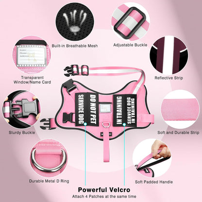 Service Dog Vest Harness and Leash Set+10 Patches,No Pull&Easy Walk Reflective Dog Harness with Soft Padded Handle for Training/Everyday,Fit Small/Medium/Large/Extra-Large Dogs(Pink M)