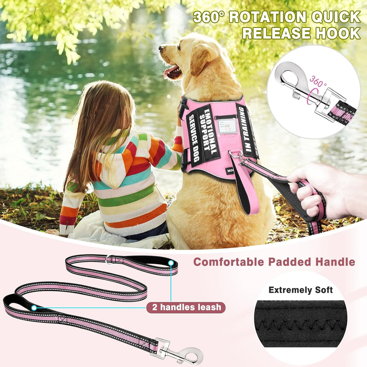 Service Dog Vest Harness and Leash Set+10 Patches,No Pull&Easy Walk Reflective Dog Harness with Soft Padded Handle for Training/Everyday,Fit Small/Medium/Large/Extra-Large Dogs(Pink M)