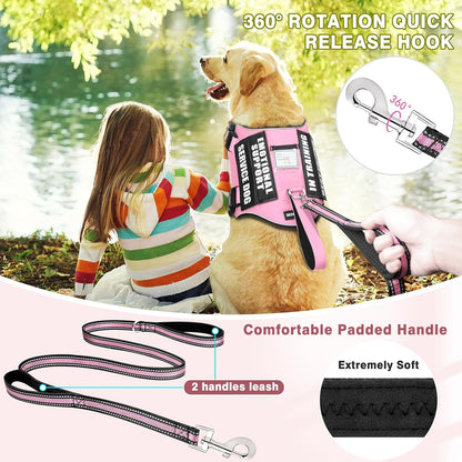 Service Dog Vest Harness and Leash Set+10 Patches,No Pull&Easy Walk Reflective Dog Harness with Soft Padded Handle for Training/Everyday,Fit Small/Medium/Large/Extra-Large Dogs(Pink M)