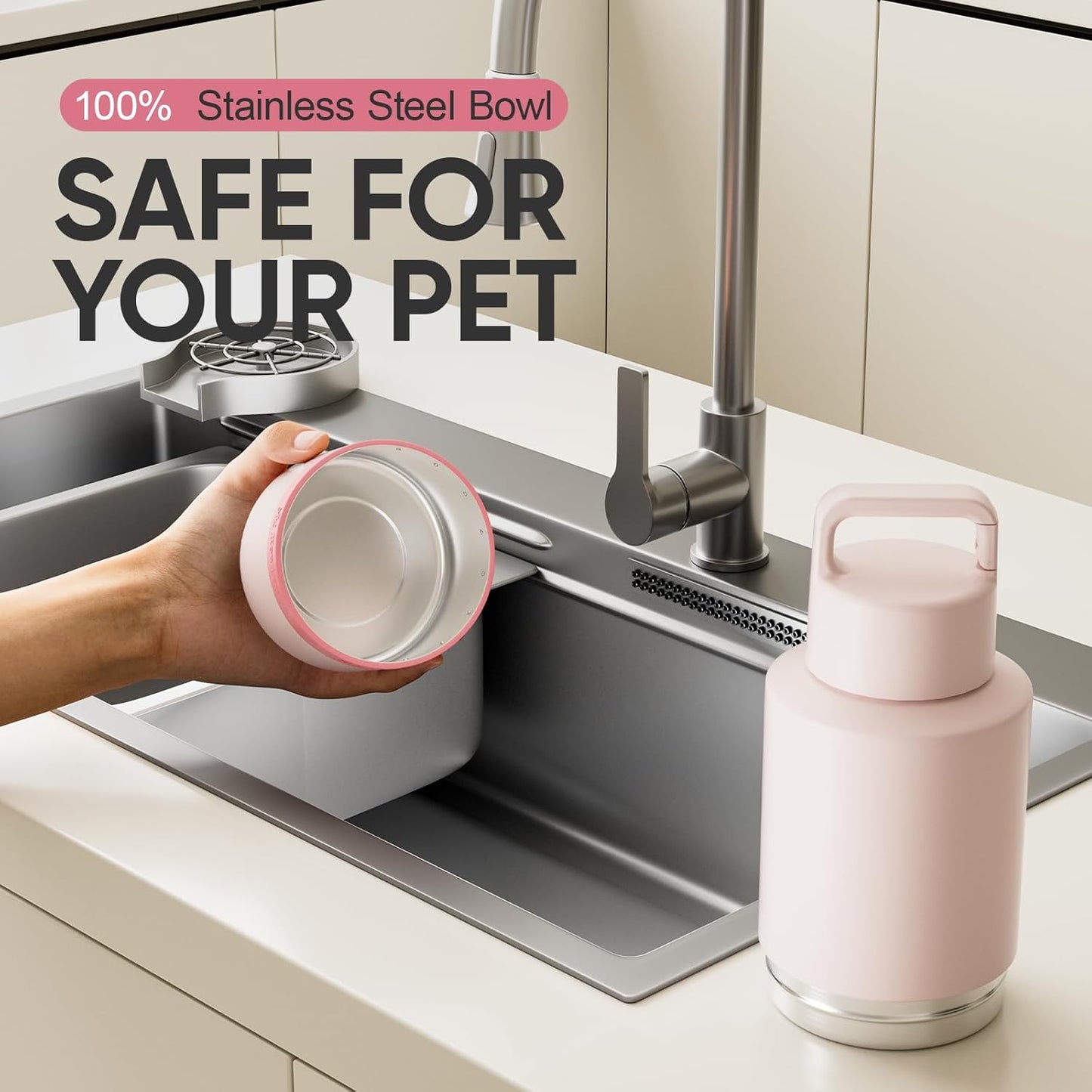 KEWIXY Insulated Dog Water Bottle with Travel Bowl, Dog Lover Gift, Portable Water Bottle Dispenser, Accessories for Car, Hiking, Camping, Outdoor, Leak-Proof, Detachable (Pale Pink)