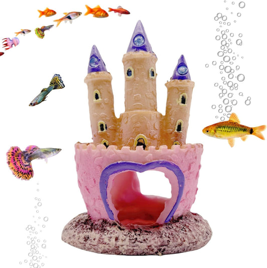 Small Cartoon Aquarium Castle Decor, Mini Cute Pink Castle Hide Cave Hideouts for Small Fishes Shrimp Crab Fish Larvaes Cichlid, Princess Style Castles Statue Birthday Party Table Decor - 11 x 8 cm
