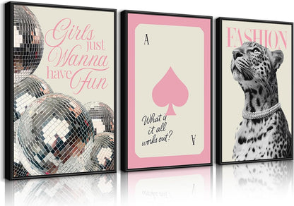 PXISMZZYXGS 3 Piece 12x16in Unframed Pink Room Wall Art, Cute Leopard Retro Disco Ball Spades Canvas Poster Set, Pastel Coquette Preppy Aesthetic Decor for College Dorm Teenage Girls Bedroom