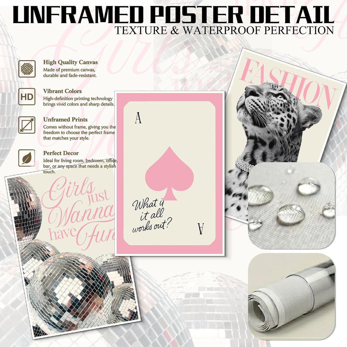 PXISMZZYXGS 3 Piece 12x16in Unframed Pink Room Wall Art, Cute Leopard Retro Disco Ball Spades Canvas Poster Set, Pastel Coquette Preppy Aesthetic Decor for College Dorm Teenage Girls Bedroom
