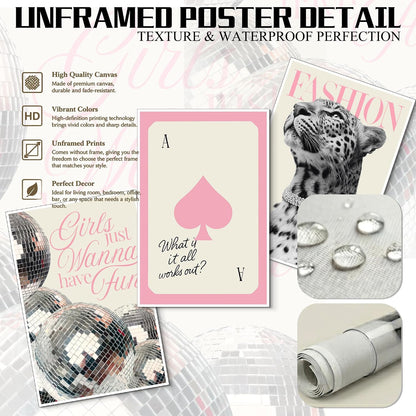 PXISMZZYXGS 3 Piece 12x16in Unframed Pink Room Wall Art, Cute Leopard Retro Disco Ball Spades Canvas Poster Set, Pastel Coquette Preppy Aesthetic Decor for College Dorm Teenage Girls Bedroom