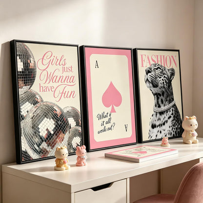PXISMZZYXGS 3 Piece 12x16in Unframed Pink Room Wall Art, Cute Leopard Retro Disco Ball Spades Canvas Poster Set, Pastel Coquette Preppy Aesthetic Decor for College Dorm Teenage Girls Bedroom