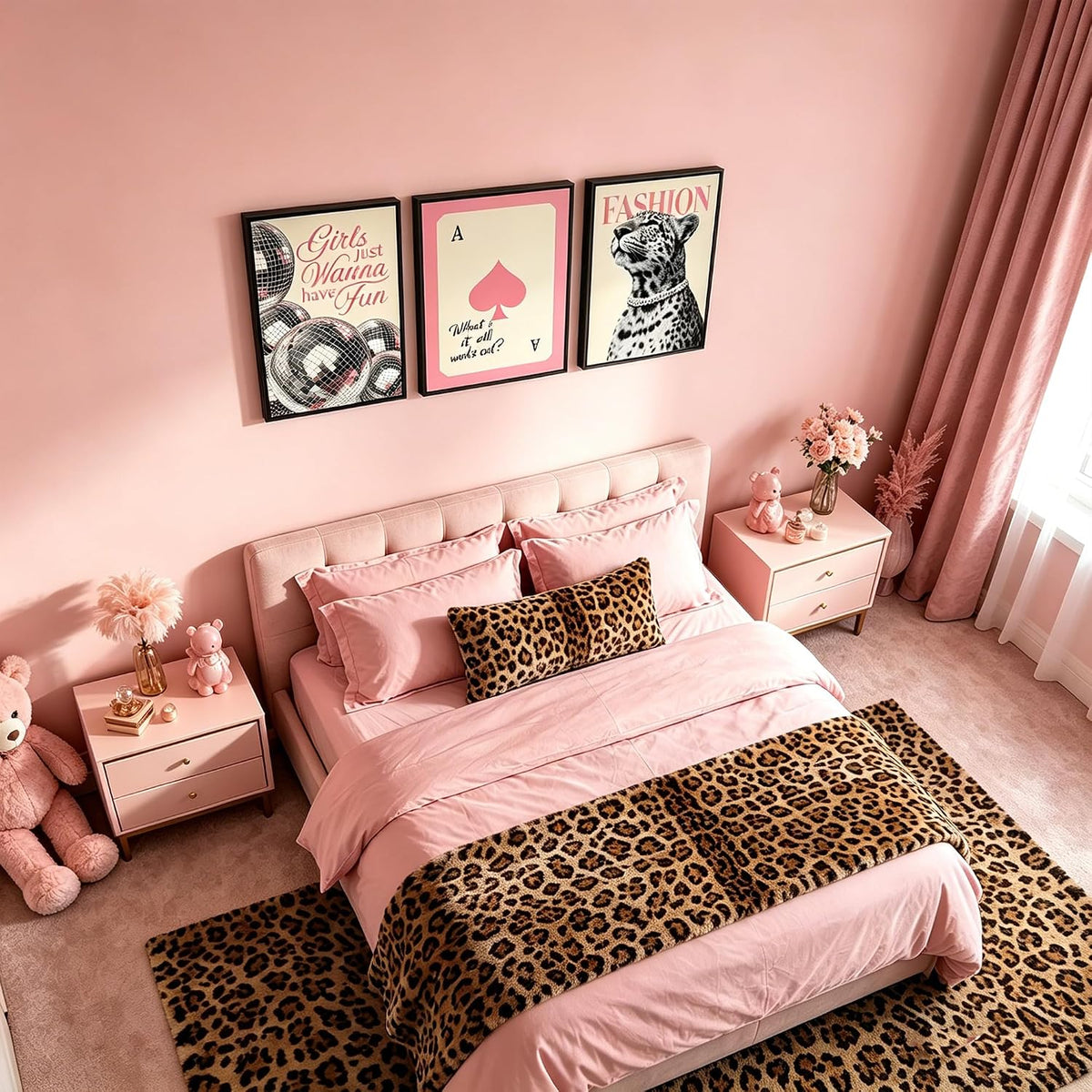 PXISMZZYXGS 3 Piece 12x16in Unframed Pink Room Wall Art, Cute Leopard Retro Disco Ball Spades Canvas Poster Set, Pastel Coquette Preppy Aesthetic Decor for College Dorm Teenage Girls Bedroom