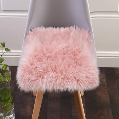 Faux Fur Sheepskin Square Chair Cover Seat Pad Wool Area Rugs Mat Carpet (Pink,1.1 x 1.1Ft)