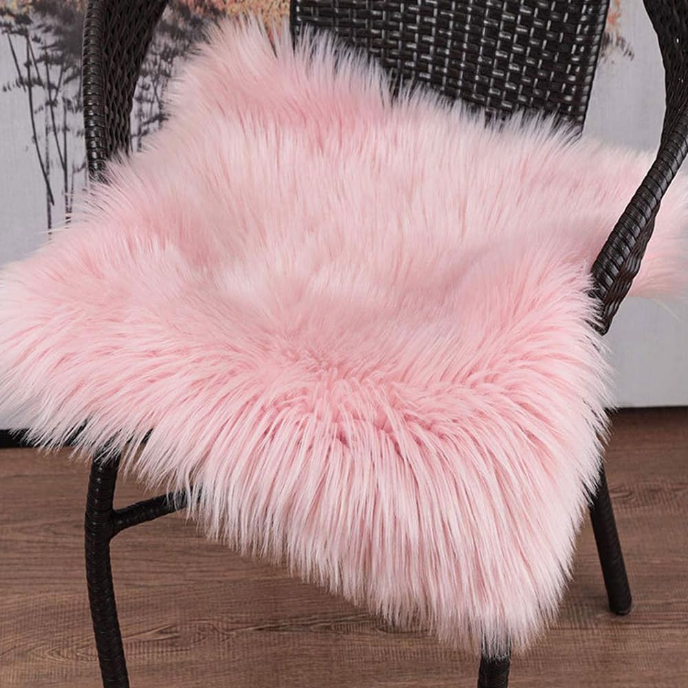 Faux Fur Sheepskin Square Chair Cover Seat Pad Wool Area Rugs Mat Carpet (Pink,1.1 x 1.1Ft)