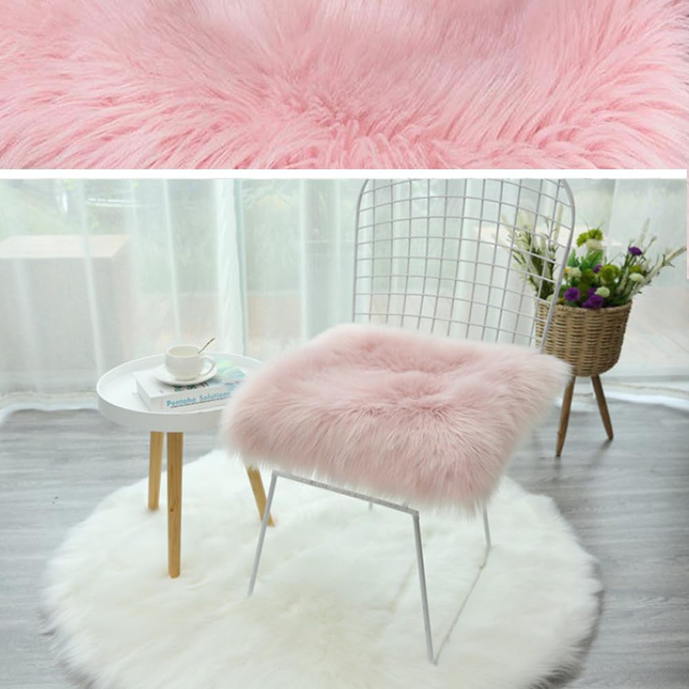 Faux Fur Sheepskin Square Chair Cover Seat Pad Wool Area Rugs Mat Carpet (Pink,1.1 x 1.1Ft)