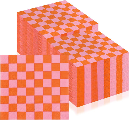 150 Pcs Orange Gingham Paper Napkins 5 * 5 Inch Pink Luncheon Napkins Checkered Napkins Disposable Guest Napkins Cocktail Luncheon Paper Plates For Tequila Sunrise Bachelorette Party Bridal Shower