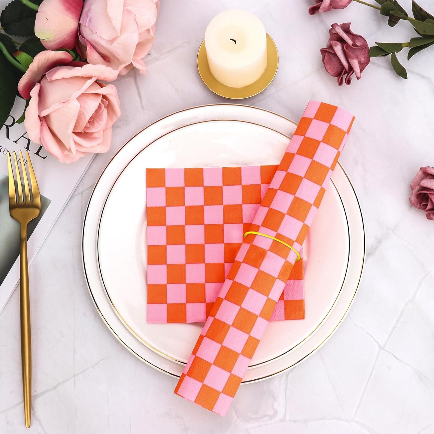 150 Pcs Orange Gingham Paper Napkins 5 * 5 Inch Pink Luncheon Napkins Checkered Napkins Disposable Guest Napkins Cocktail Luncheon Paper Plates For Tequila Sunrise Bachelorette Party Bridal Shower