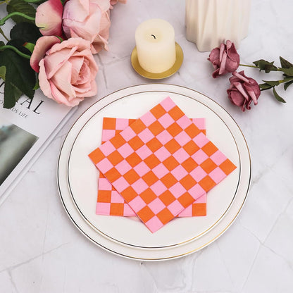 150 Pcs Orange Gingham Paper Napkins 5 * 5 Inch Pink Luncheon Napkins Checkered Napkins Disposable Guest Napkins Cocktail Luncheon Paper Plates For Tequila Sunrise Bachelorette Party Bridal Shower