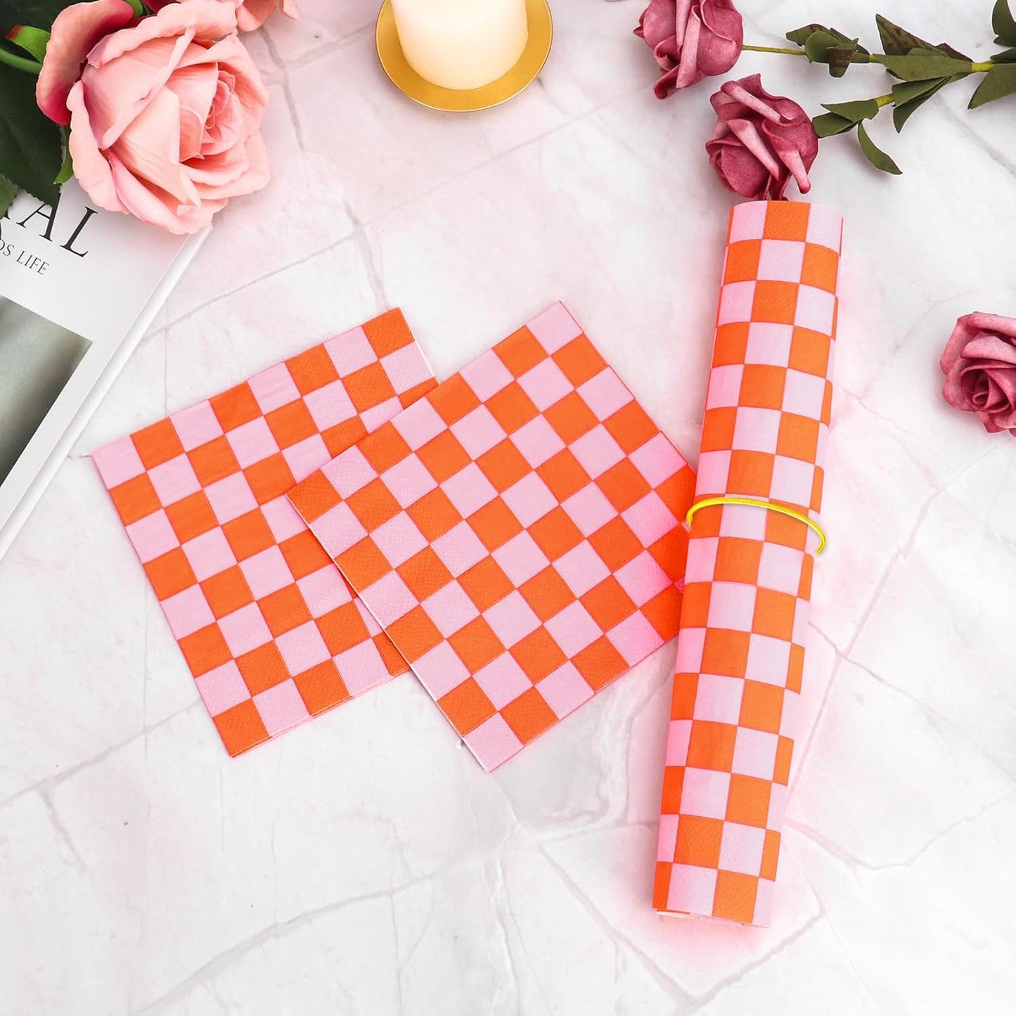 150 Pcs Orange Gingham Paper Napkins 5 * 5 Inch Pink Luncheon Napkins Checkered Napkins Disposable Guest Napkins Cocktail Luncheon Paper Plates For Tequila Sunrise Bachelorette Party Bridal Shower