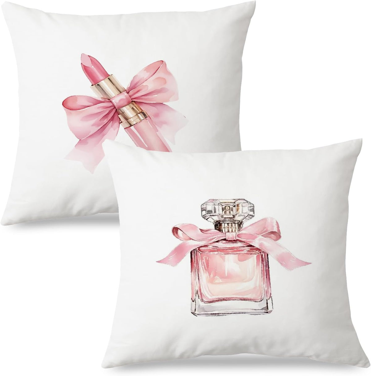 Coquette Pink Bow Lipstick Perfume Pillow Covers 18x18 Inch Set of 2, Preppy Girly Pink Throw Pillow Cases Decorative for Girls Room Bedroom Home