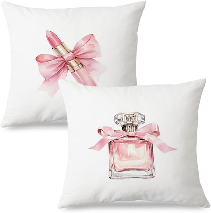 Coquette Pink Bow Lipstick Perfume Pillow Covers 18x18 Inch Set of 2, Preppy Girly Pink Throw Pillow Cases Decorative for Girls Room Bedroom Home