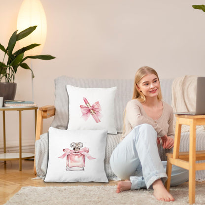Coquette Pink Bow Lipstick Perfume Pillow Covers 18x18 Inch Set of 2, Preppy Girly Pink Throw Pillow Cases Decorative for Girls Room Bedroom Home